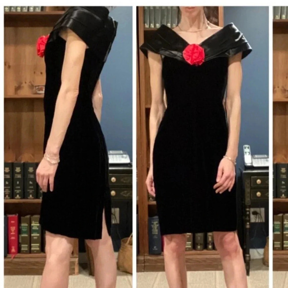 Gunne Sax Dress Off The Shoulder Satin Velvet Red Rose 80's Vintage Black Size 7 - Picture 1 of 9